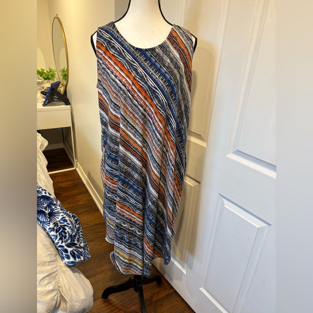 🌷Papa Vancouver Sleeveless Midi Dress XL Blue Orange Boho Pockets Stretch 3/$30